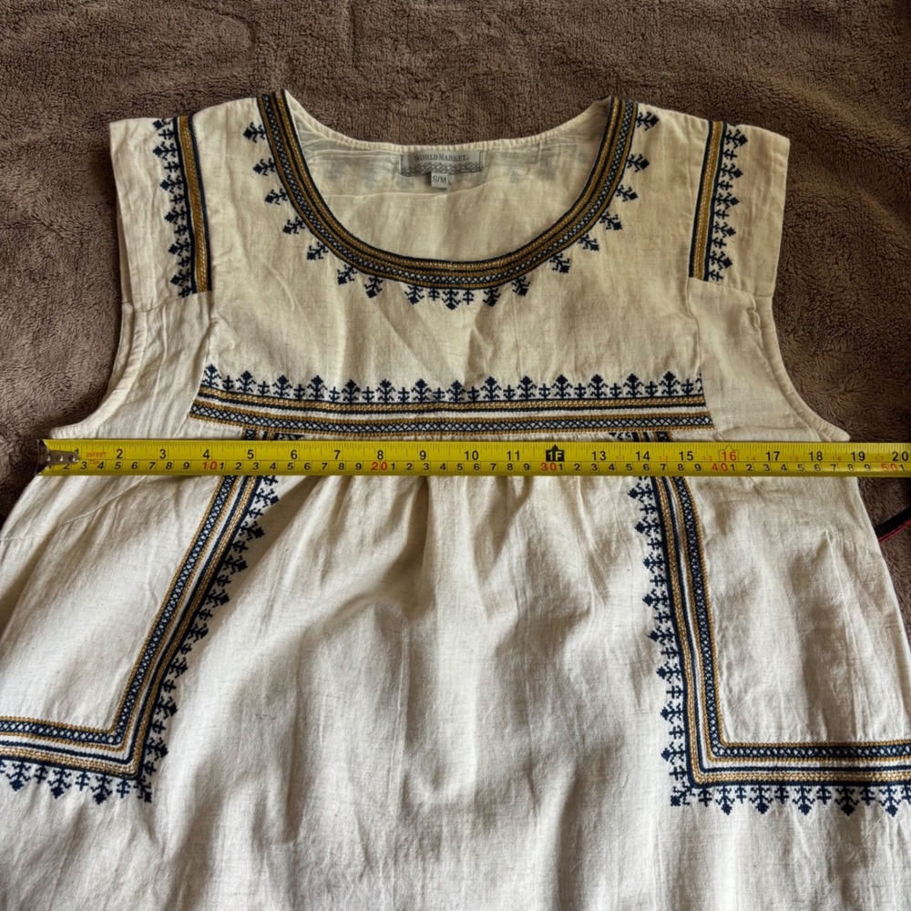 World Market Embroidered Cotton Linen Boho Shift Dress Cream Navy SM - Picture 7 of 9